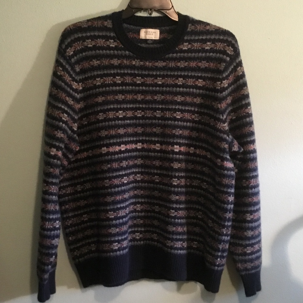 American Eagle Outfitters Navy Crewneck Sweater with Navy, Gray, and Red Stripes